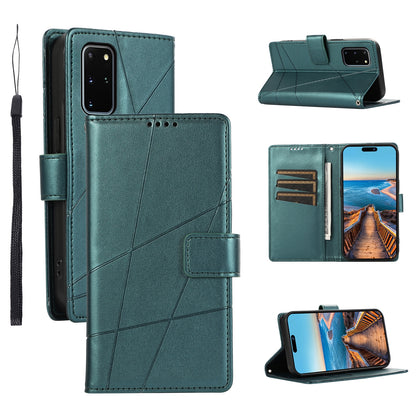 Samsung Galaxy S20+ Genuine Leather Texture Embossed Line Phone Case with Card Wallet & Kickstand