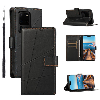 Samsung Galaxy S20 Ultra Genuine Leather Texture Embossed Line Phone Case with Card Wallet & Kickstand