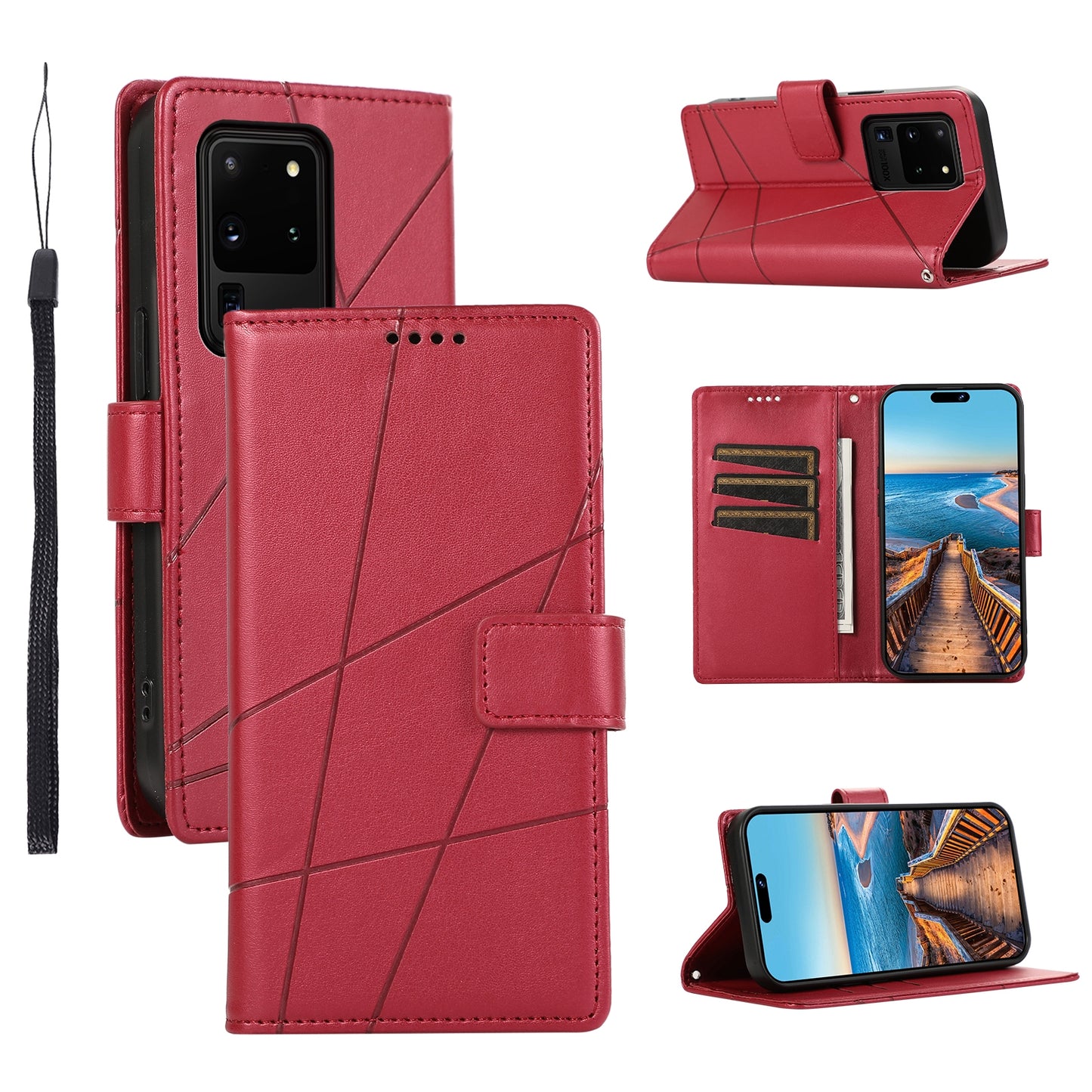 Samsung Galaxy S20 Ultra Genuine Leather Texture Embossed Line Phone Case with Card Wallet & Kickstand