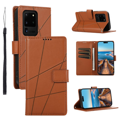 Samsung Galaxy S20 Ultra Genuine Leather Texture Embossed Line Phone Case with Card Wallet & Kickstand