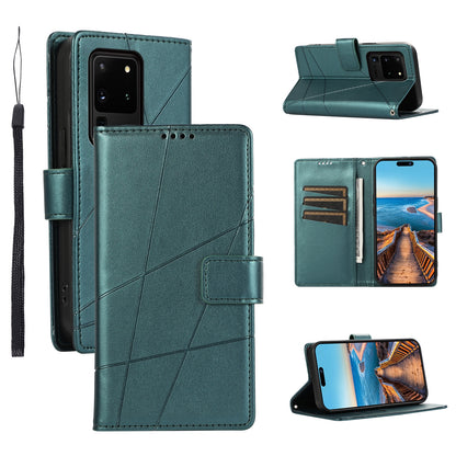 Samsung Galaxy S20 Ultra Genuine Leather Texture Embossed Line Phone Case with Card Wallet & Kickstand