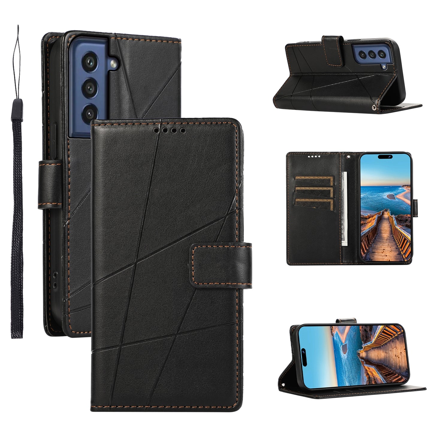 Samsung Galaxy S21 FE 5G Genuine Leather Texture Embossed Line Phone Case with Card Wallet & Kickstand