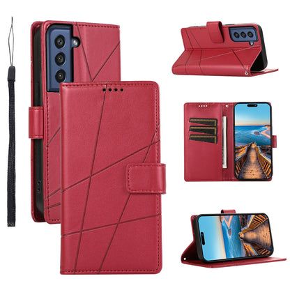 Samsung Galaxy S21 FE 5G Genuine Leather Texture Embossed Line Phone Case with Card Wallet & Kickstand