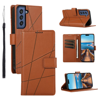 Samsung Galaxy S21 FE 5G Genuine Leather Texture Embossed Line Phone Case with Card Wallet & Kickstand