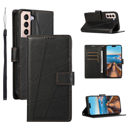 Samsung Galaxy S21+ 5G Genuine Leather Texture Embossed Line Phone Case with Card Wallet & Kickstand