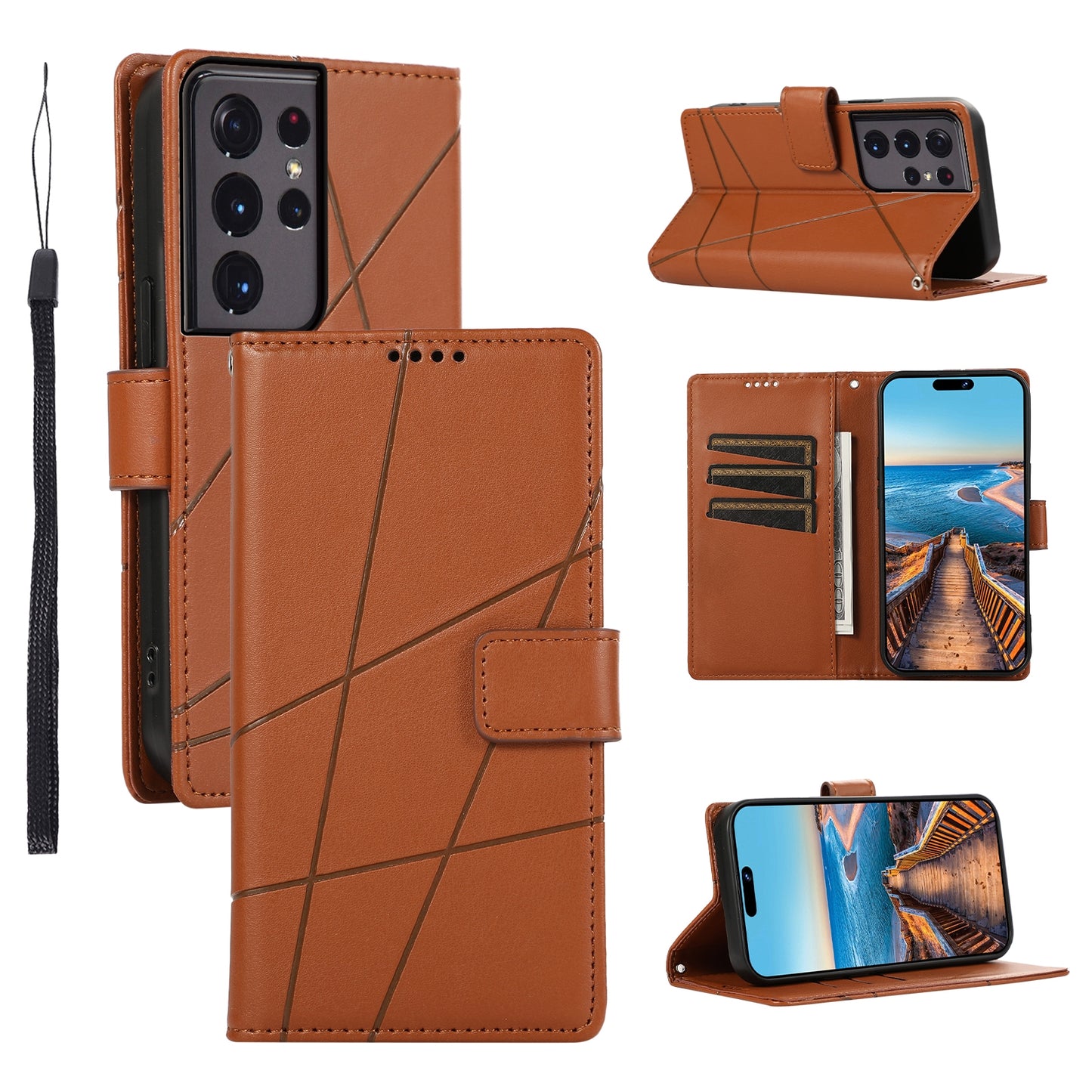 Samsung Galaxy S21 Ultra 5G Genuine Leather Texture Embossed Line Phone Case with Card Wallet & Kickstand