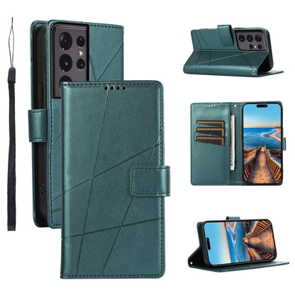 Samsung Galaxy S21 Ultra 5G Genuine Leather Texture Embossed Line Phone Case with Card Wallet & Kickstand