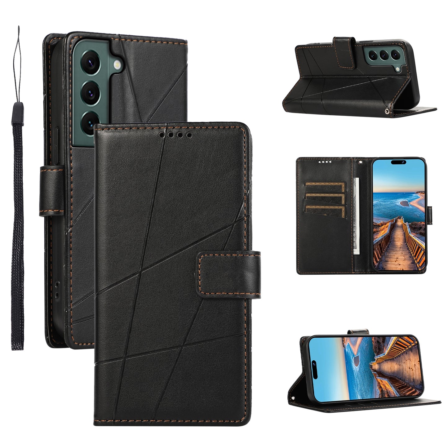 Samsung Galaxy S22 5G Genuine Leather Texture Embossed Line Phone Case with Card Wallet & Kickstand