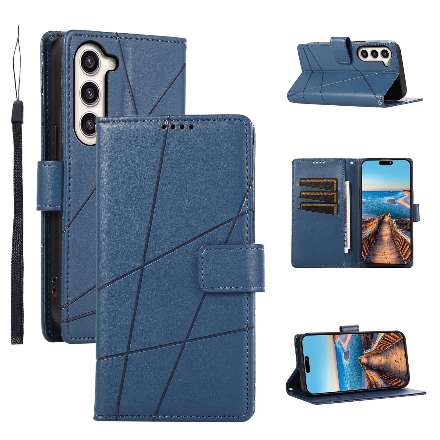 Samsung Galaxy S23+ 5G Genuine Leather Texture Embossed Line Phone Case with Card Wallet & Kickstand