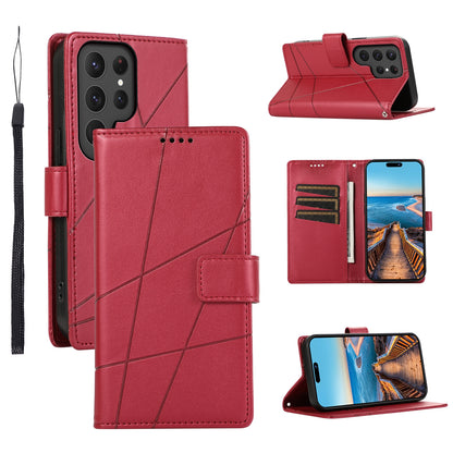 Samsung Galaxy S23 Ultra 5G Genuine Leather Texture Embossed Line Phone Case with Card Wallet & Kickstand