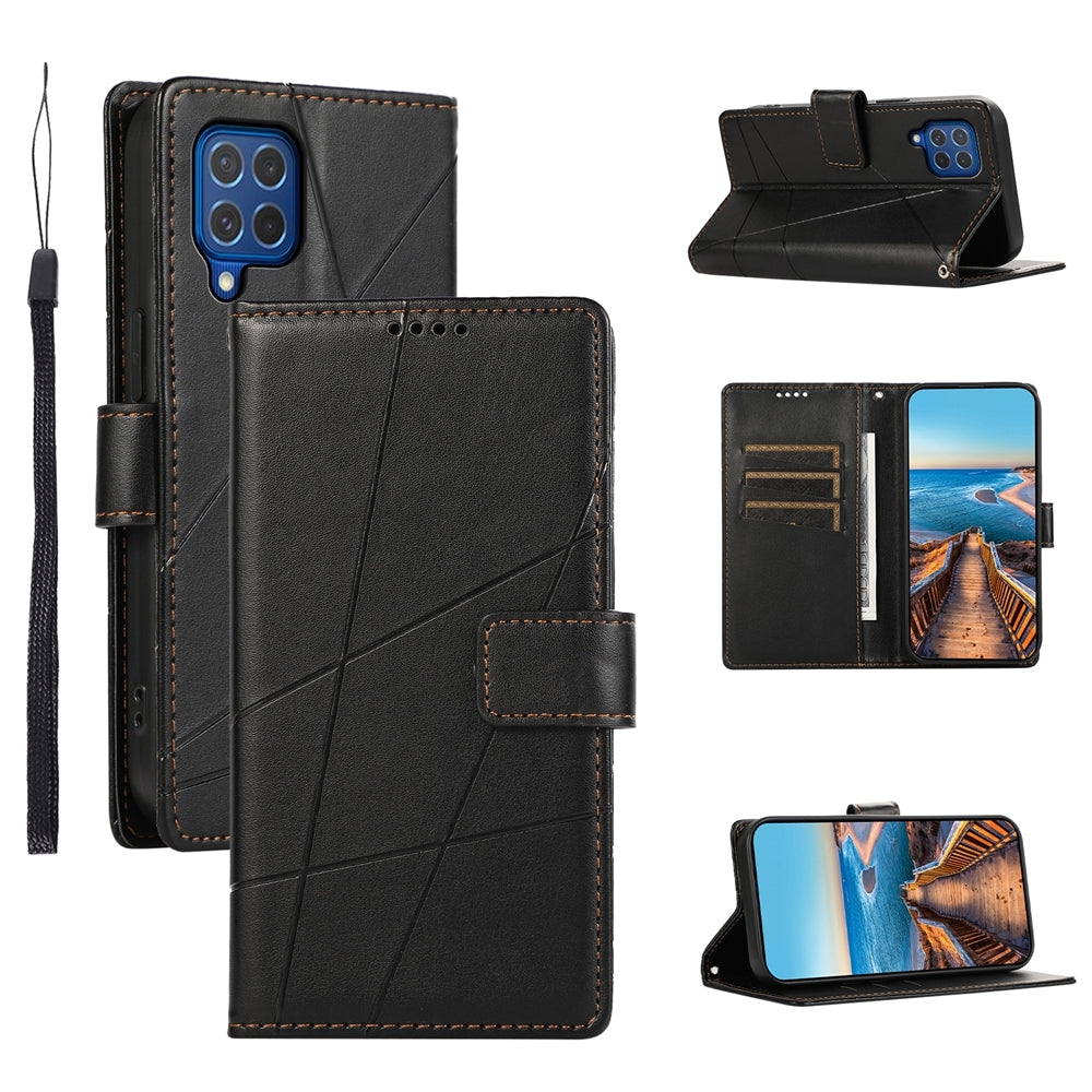 Samsung Galaxy M62 Genuine Leather Texture Embossed Line Phone Case with Card Wallet & Kickstand