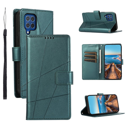 Samsung Galaxy M62 Genuine Leather Texture Embossed Line Phone Case with Card Wallet & Kickstand