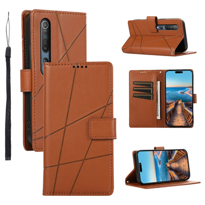 Xiaomi Mi 10 Genuine Leather Texture Embossed Line Phone Case with Card Wallet & Kickstand