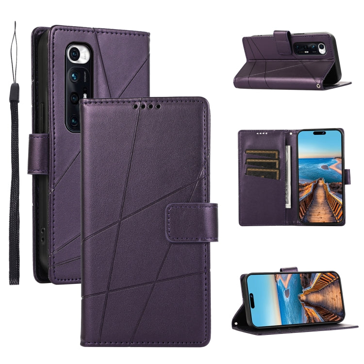 Xiaomi Mi 10s Genuine Leather Texture Embossed Line Phone Case with Card Wallet & Kickstand