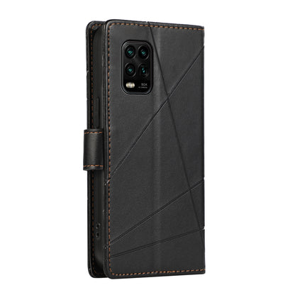 Xiaomi Mi 10 Lite Genuine Leather Texture Embossed Line Phone Case with Card Wallet & Kickstand