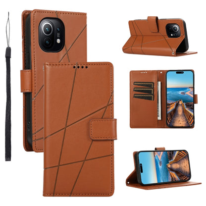 Xiaomi Mi 11 Genuine Leather Texture Embossed Line Phone Case with Card Wallet & Kickstand