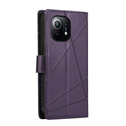 Xiaomi Mi 11 Genuine Leather Texture Embossed Line Phone Case with Card Wallet & Kickstand