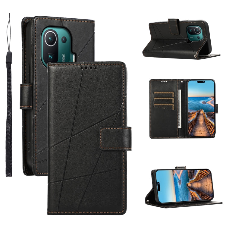 Xiaomi Mi 11 Pro Genuine Leather Texture Embossed Line Phone Case with Card Wallet & Kickstand