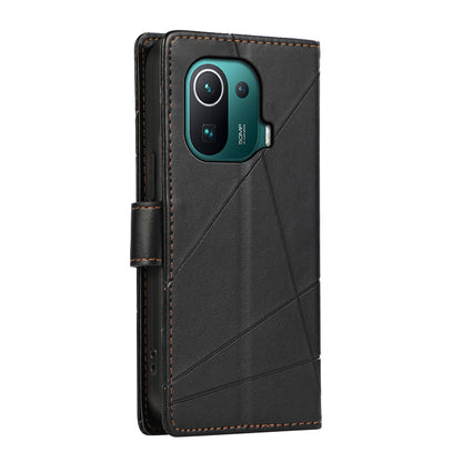 Xiaomi Mi 11 Pro Genuine Leather Texture Embossed Line Phone Case with Card Wallet & Kickstand