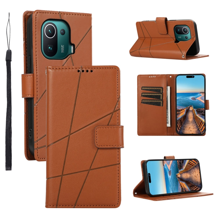 Xiaomi Mi 11 Pro Genuine Leather Texture Embossed Line Phone Case with Card Wallet & Kickstand