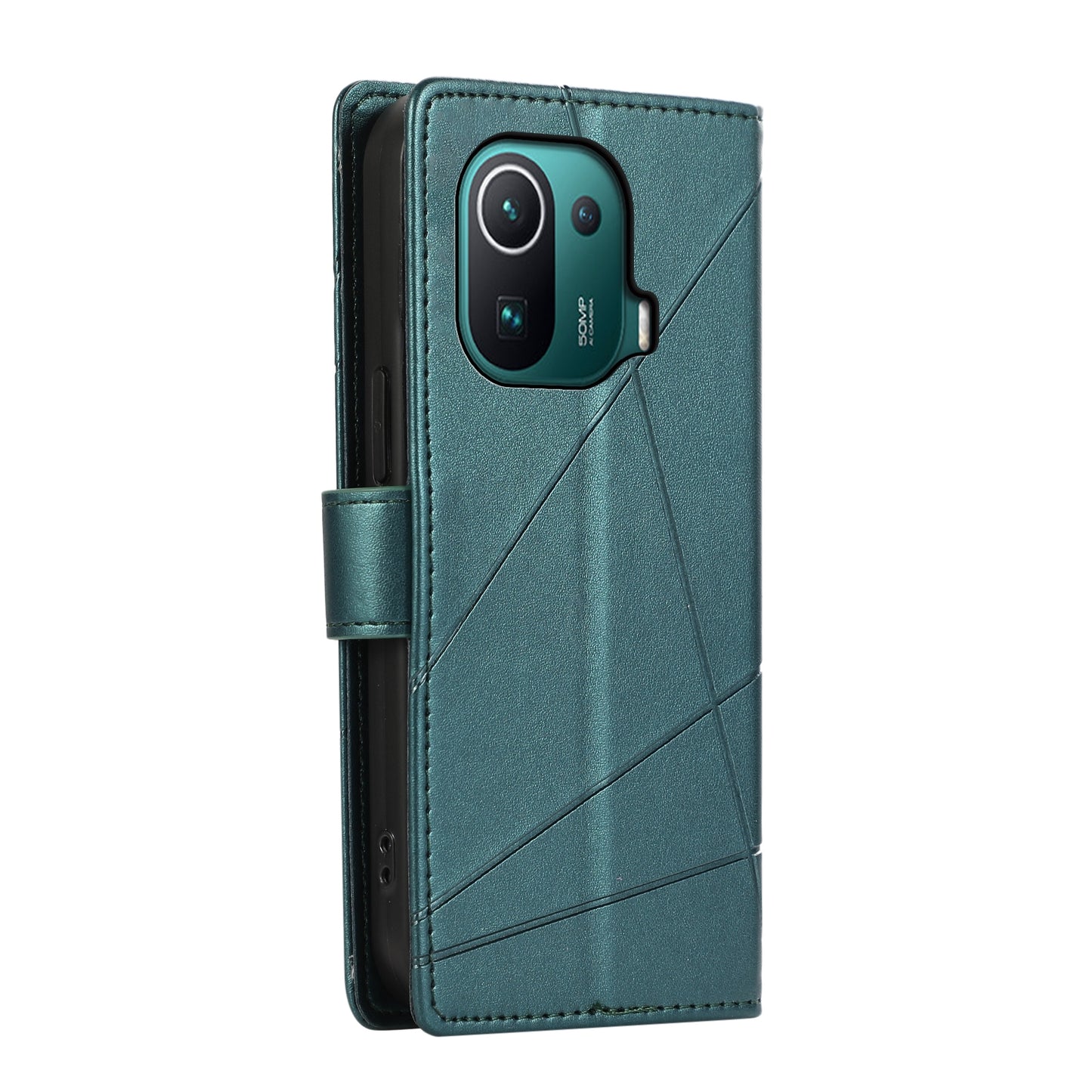 Xiaomi Mi 11 Pro Genuine Leather Texture Embossed Line Phone Case with Card Wallet & Kickstand