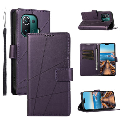 Xiaomi Mi 11 Pro Genuine Leather Texture Embossed Line Phone Case with Card Wallet & Kickstand