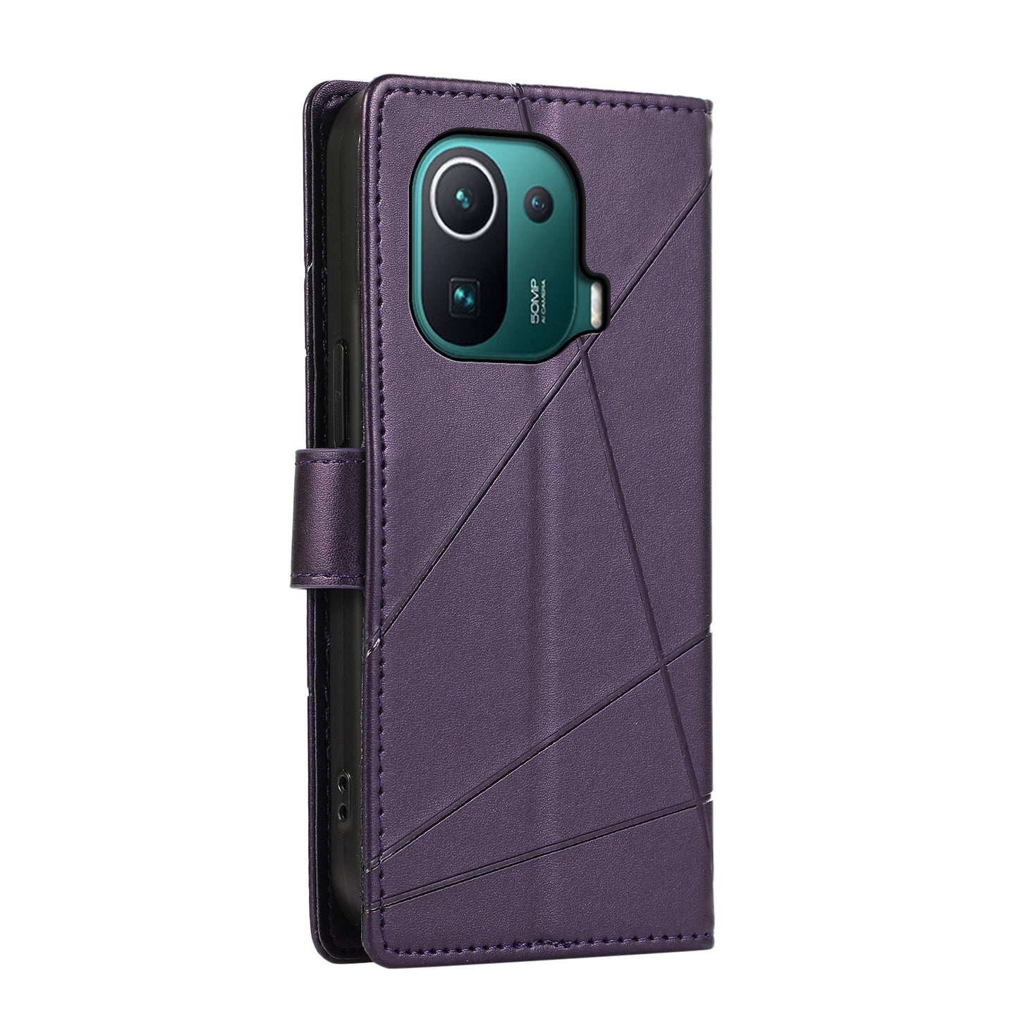 Xiaomi Mi 11 Pro Genuine Leather Texture Embossed Line Phone Case with Card Wallet & Kickstand