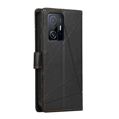 Xiaomi Mi 11T Genuine Leather Texture Embossed Line Phone Case with Card Wallet & Kickstand