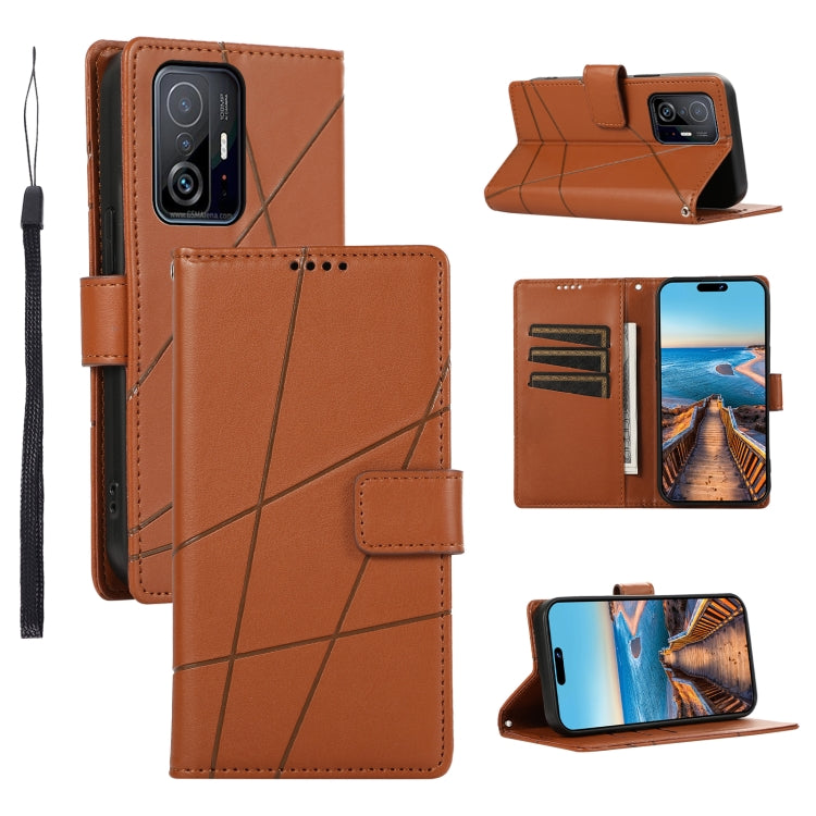 Xiaomi Mi 11T Genuine Leather Texture Embossed Line Phone Case with Card Wallet & Kickstand