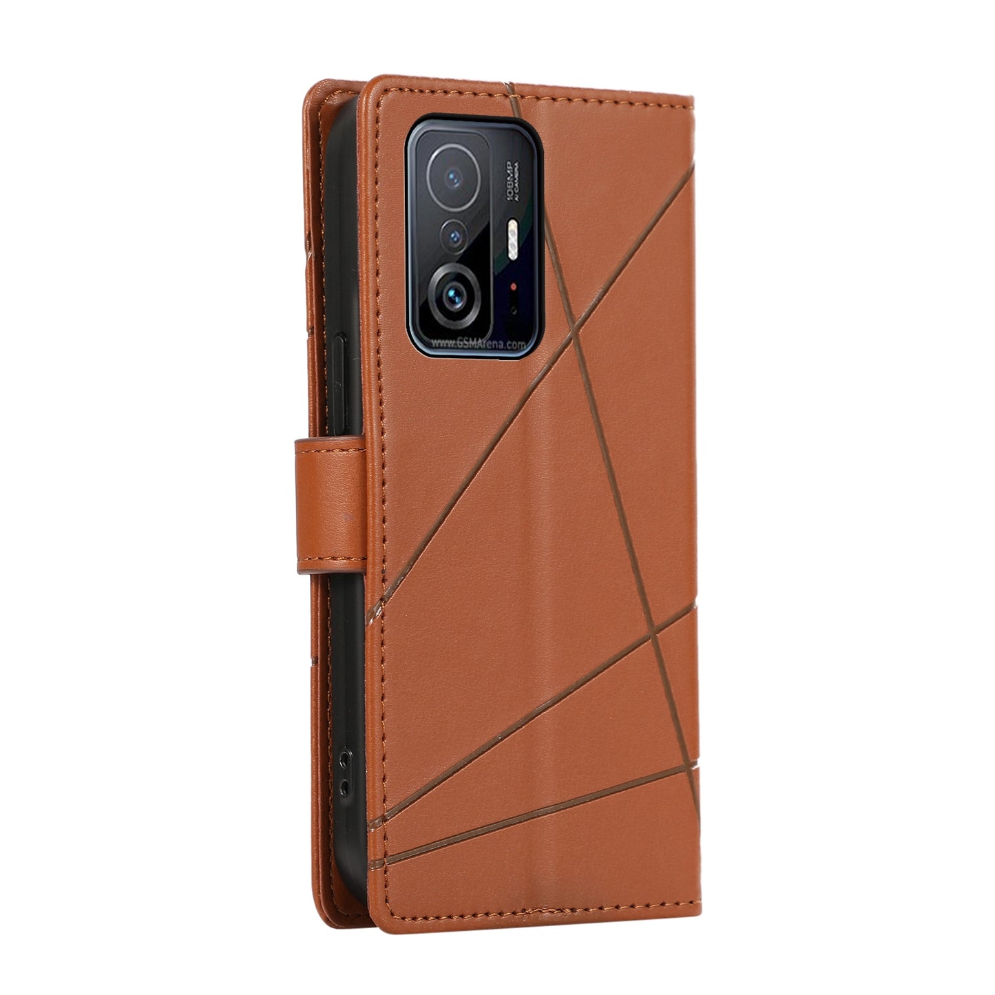 Xiaomi Mi 11T Genuine Leather Texture Embossed Line Phone Case with Card Wallet & Kickstand