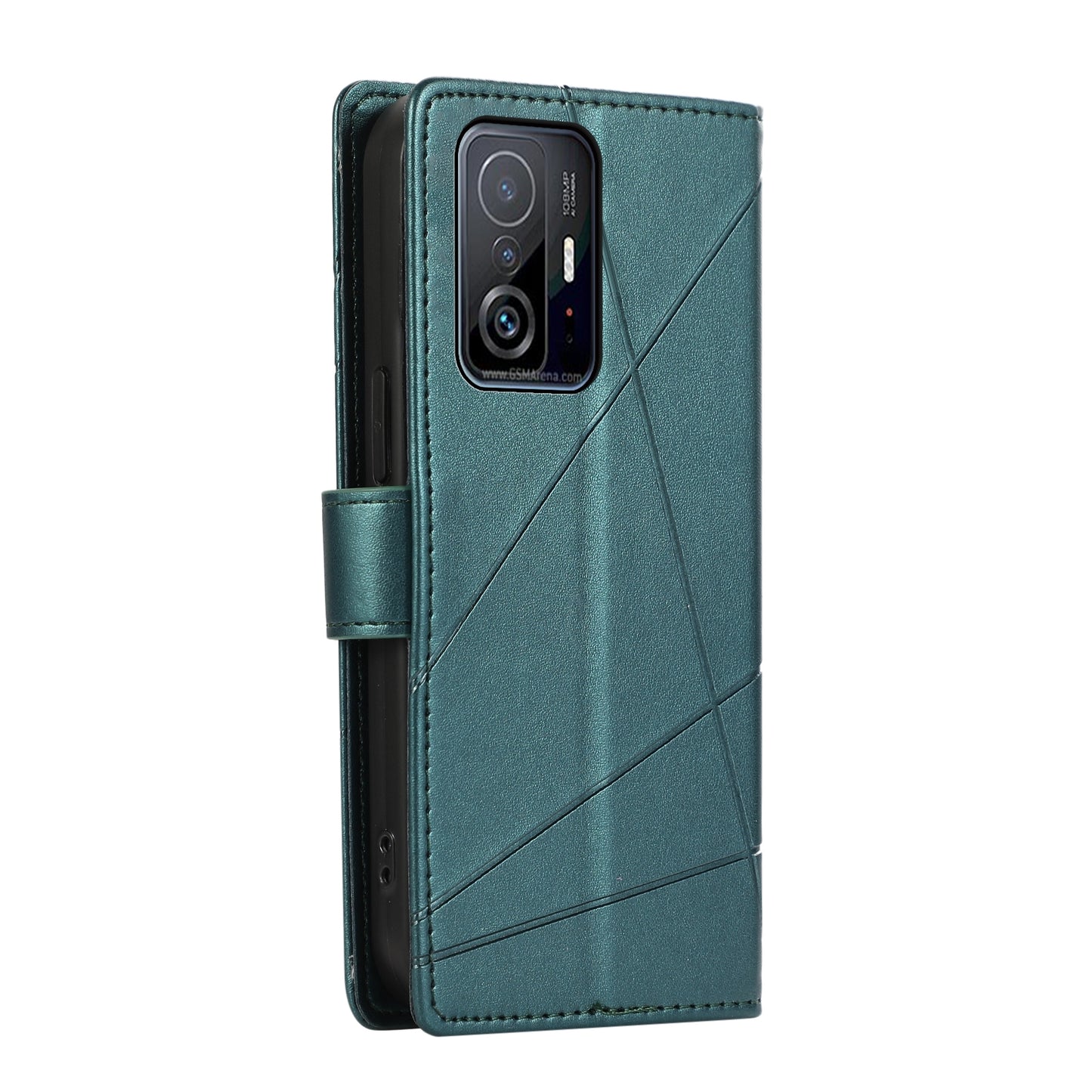 Xiaomi Mi 11T Genuine Leather Texture Embossed Line Phone Case with Card Wallet & Kickstand