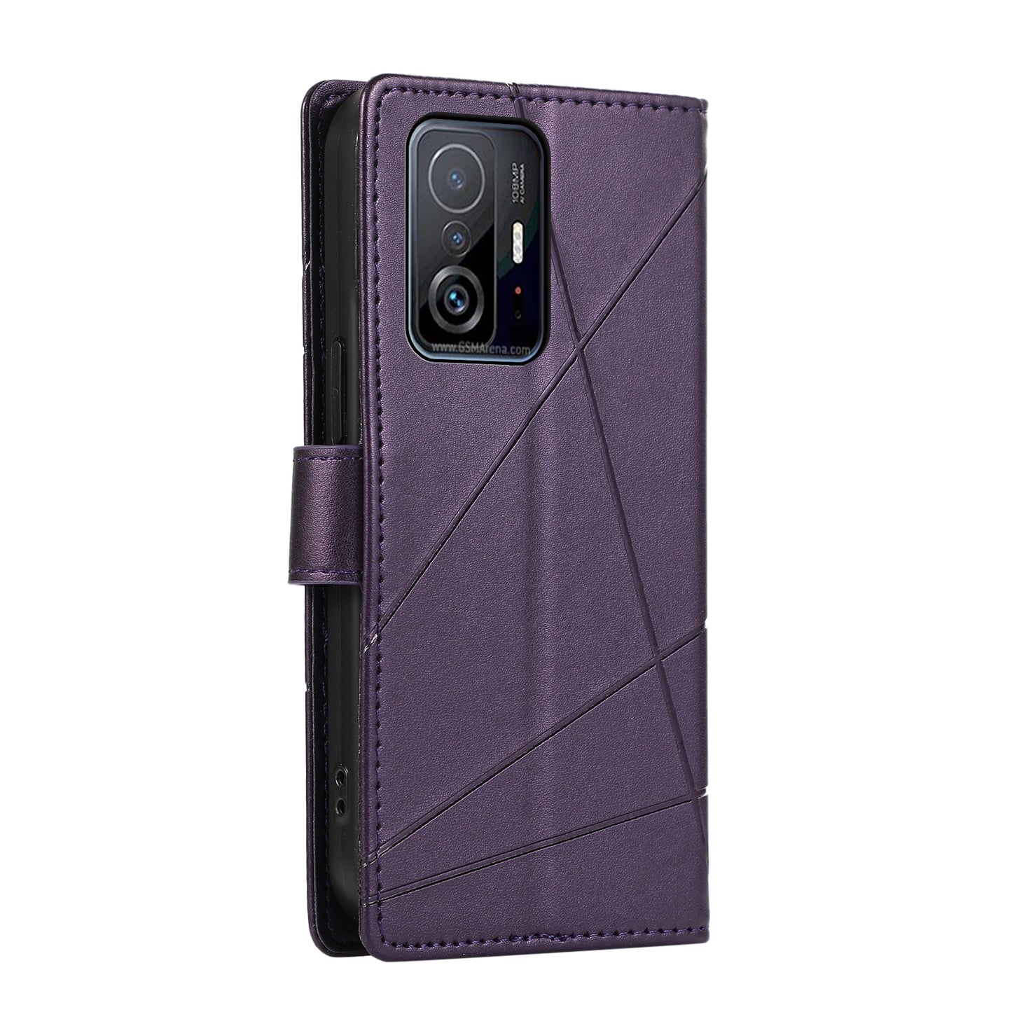 Xiaomi Mi 11T Genuine Leather Texture Embossed Line Phone Case with Card Wallet & Kickstand