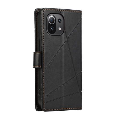 Xiaomi Mi 11 Lite Genuine Leather Texture Embossed Line Phone Case with Card Wallet & Kickstand