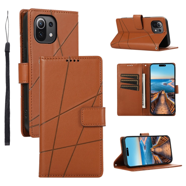 Xiaomi Mi 11 Lite Genuine Leather Texture Embossed Line Phone Case with Card Wallet & Kickstand