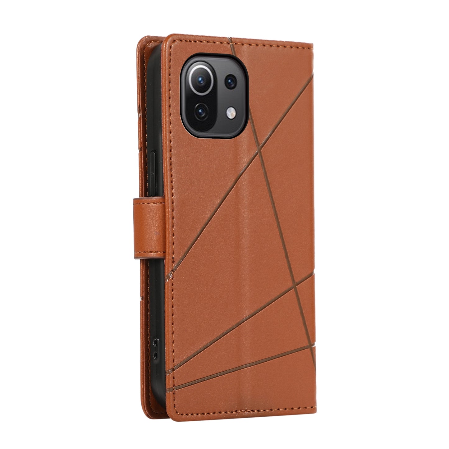 Xiaomi Mi 11 Lite Genuine Leather Texture Embossed Line Phone Case with Card Wallet & Kickstand