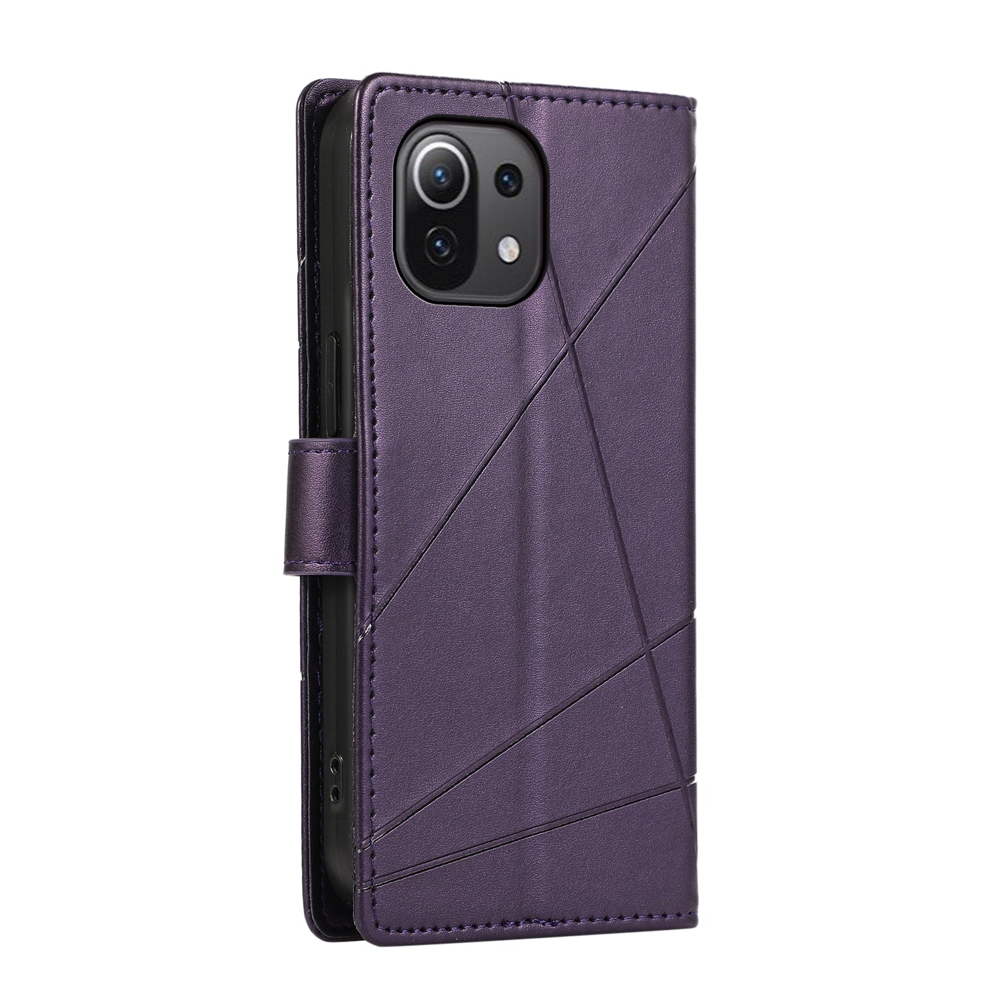 Xiaomi Mi 11 Lite Genuine Leather Texture Embossed Line Phone Case with Card Wallet & Kickstand