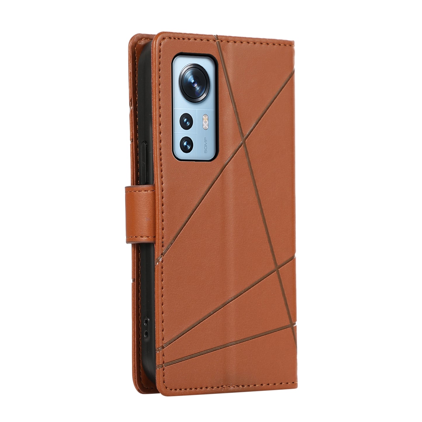 Xiaomi 12 Genuine Leather Texture Embossed Line Phone Case with Card Wallet & Kickstand