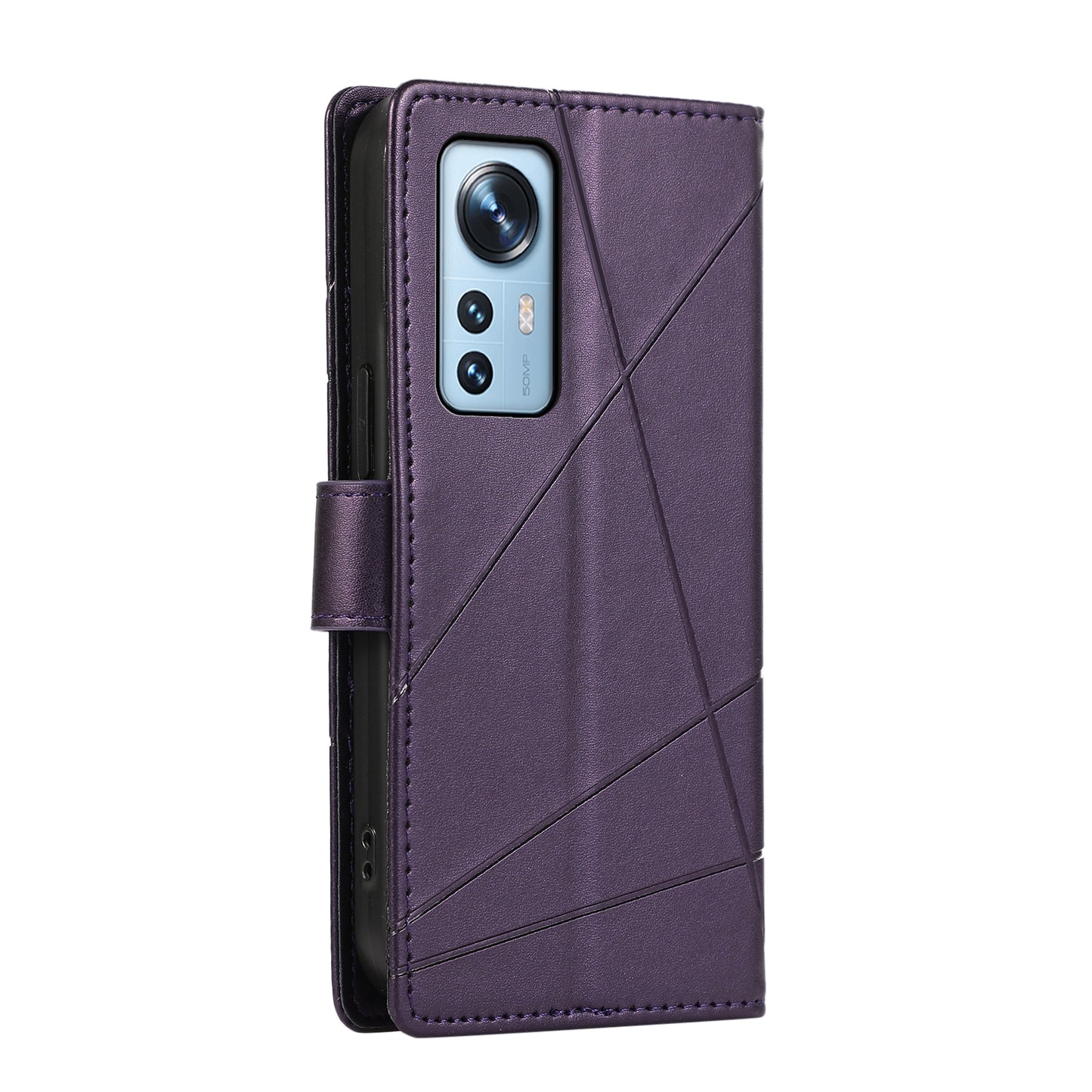 Xiaomi 12 Genuine Leather Texture Embossed Line Phone Case with Card Wallet & Kickstand