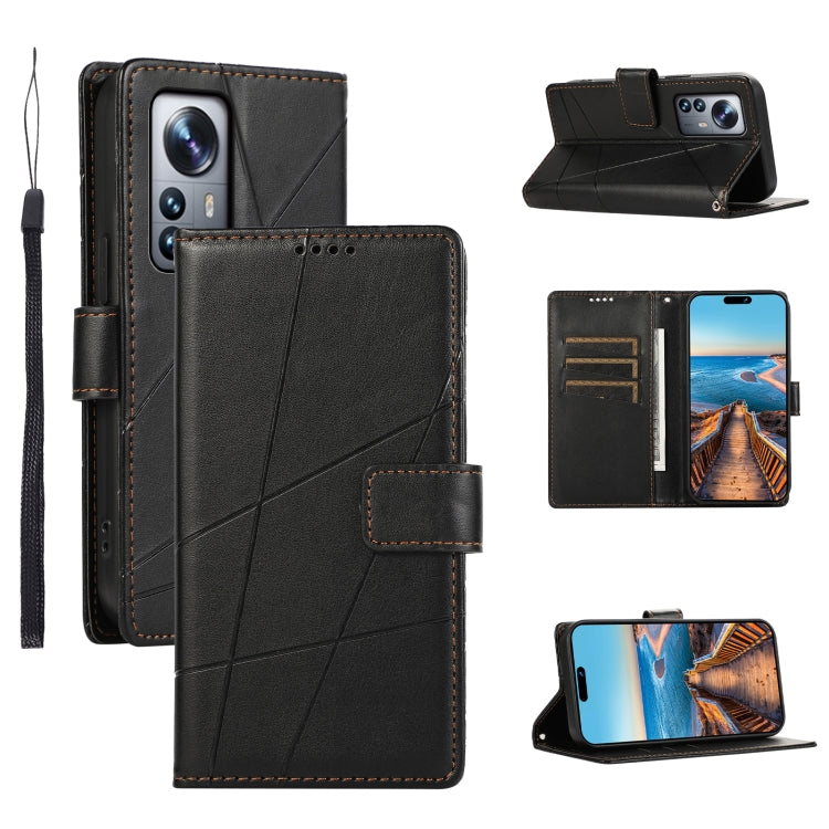 Xiaomi 12 Pro Genuine Leather Texture Embossed Line Phone Case with Card Wallet & Kickstand