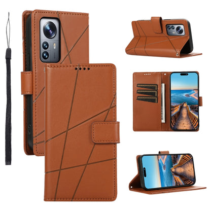 Xiaomi 12 Pro Genuine Leather Texture Embossed Line Phone Case with Card Wallet & Kickstand