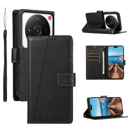 Xiaomi 12 Ultra Genuine Leather Texture Embossed Line Phone Case with Card Wallet & Kickstand