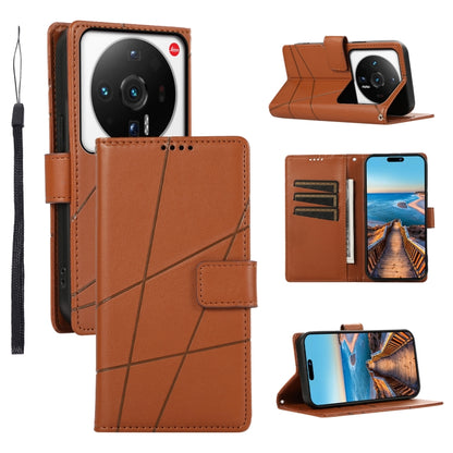 Xiaomi 12 Ultra Genuine Leather Texture Embossed Line Phone Case with Card Wallet & Kickstand