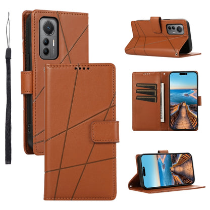 Xiaomi 12 Lite Genuine Leather Texture Embossed Line Phone Case with Card Wallet & Kickstand