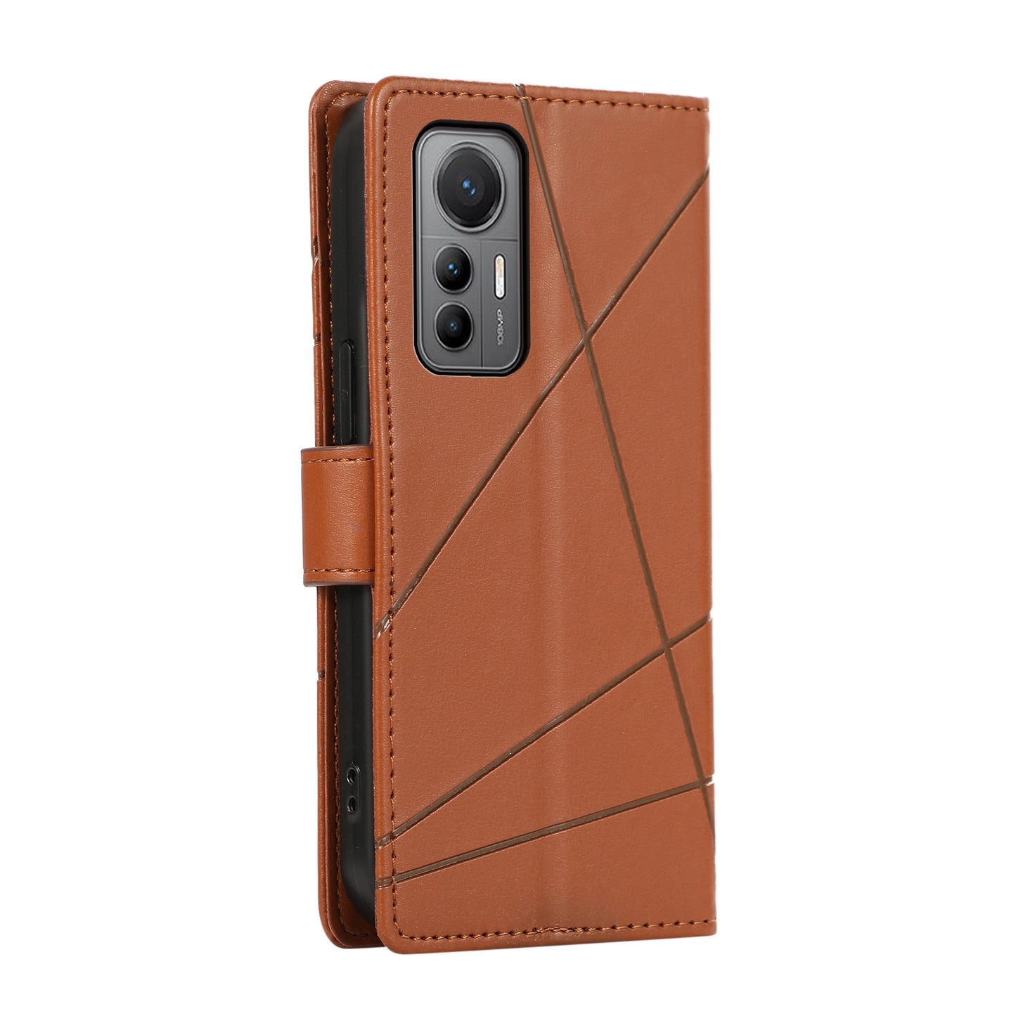 Xiaomi 12 Lite Genuine Leather Texture Embossed Line Phone Case with Card Wallet & Kickstand