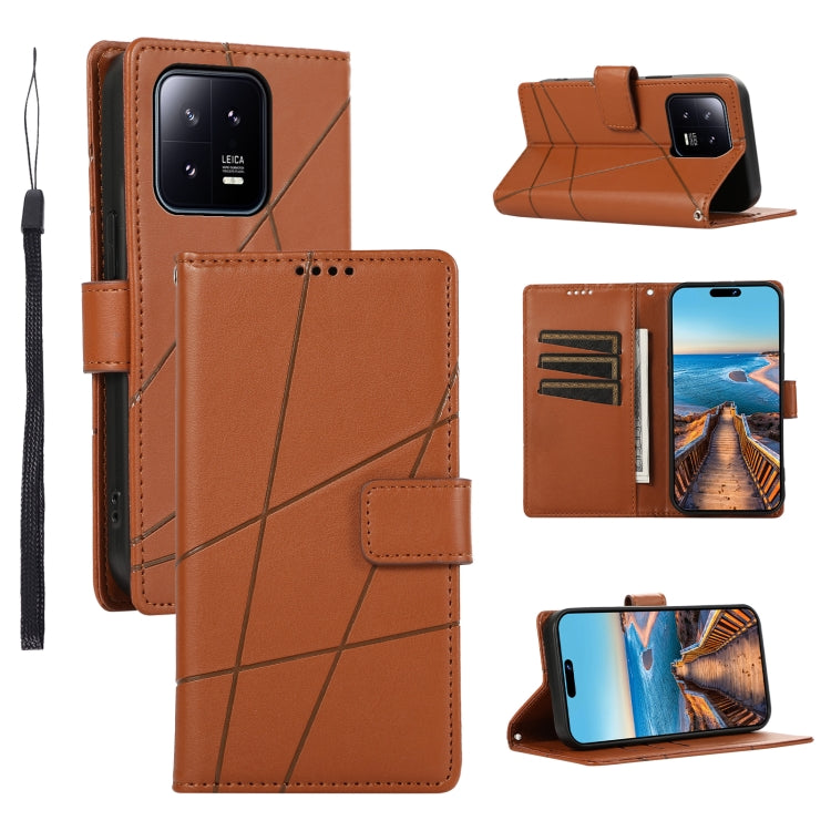 Xiaomi 13 Genuine Leather Texture Embossed Line Phone Case with Card Wallet & Kickstand