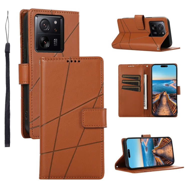 Xiaomi 13T Genuine Leather Texture Embossed Line Phone Case with Card Wallet & Kickstand