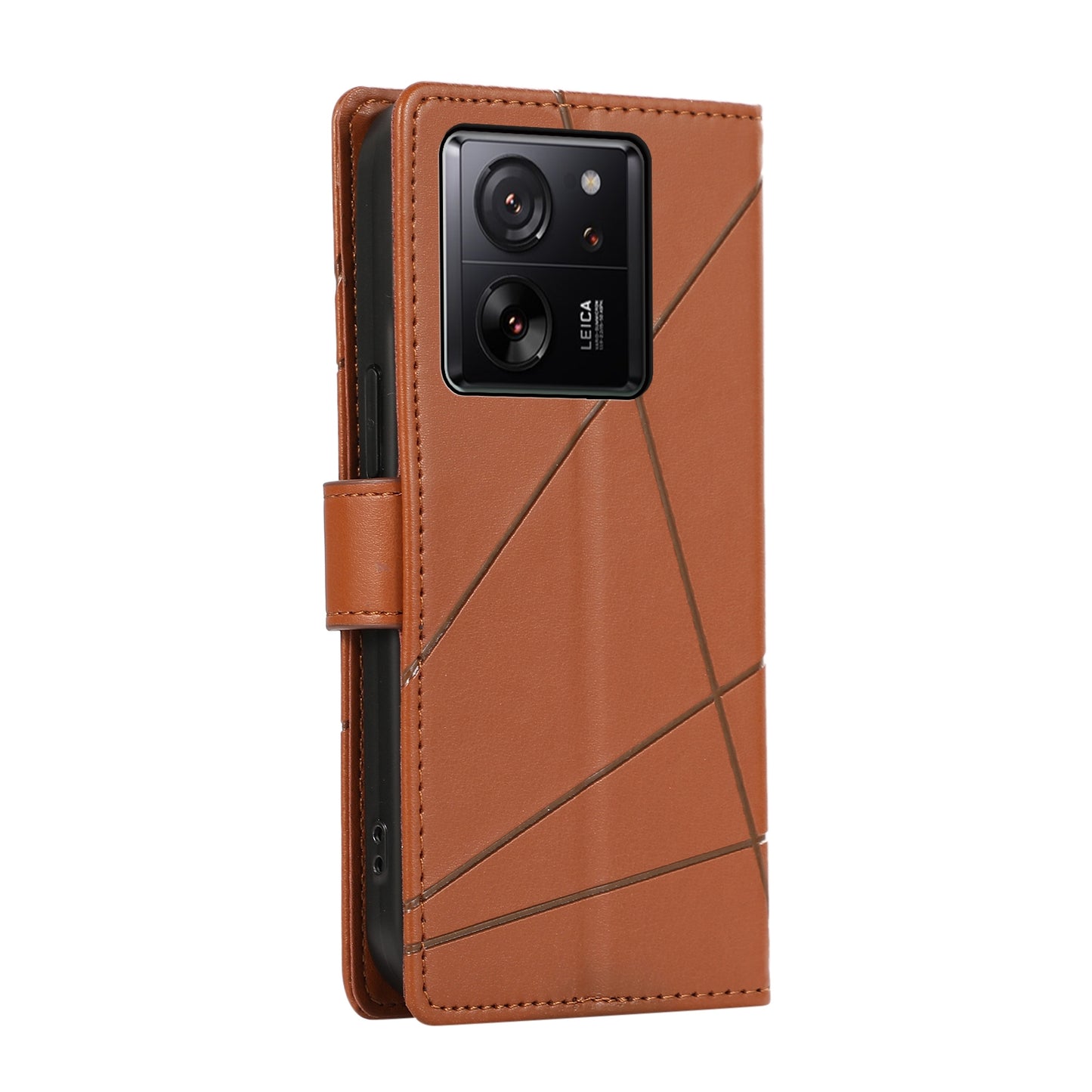 Xiaomi 13T Genuine Leather Texture Embossed Line Phone Case with Card Wallet & Kickstand