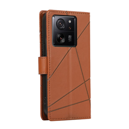 Xiaomi 13T Genuine Leather Texture Embossed Line Phone Case with Card Wallet & Kickstand