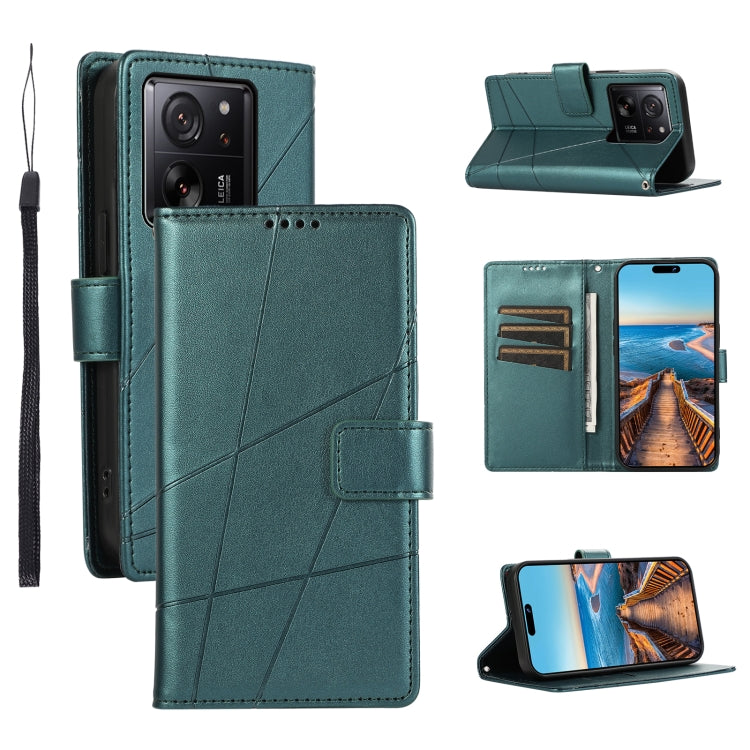 Xiaomi 13T Genuine Leather Texture Embossed Line Phone Case with Card Wallet & Kickstand