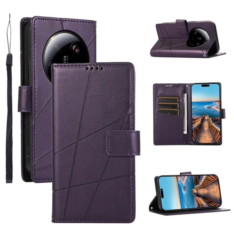 Xiaomi 13 Ultra Genuine Leather Texture Embossed Line Phone Case with Card Wallet & Kickstand